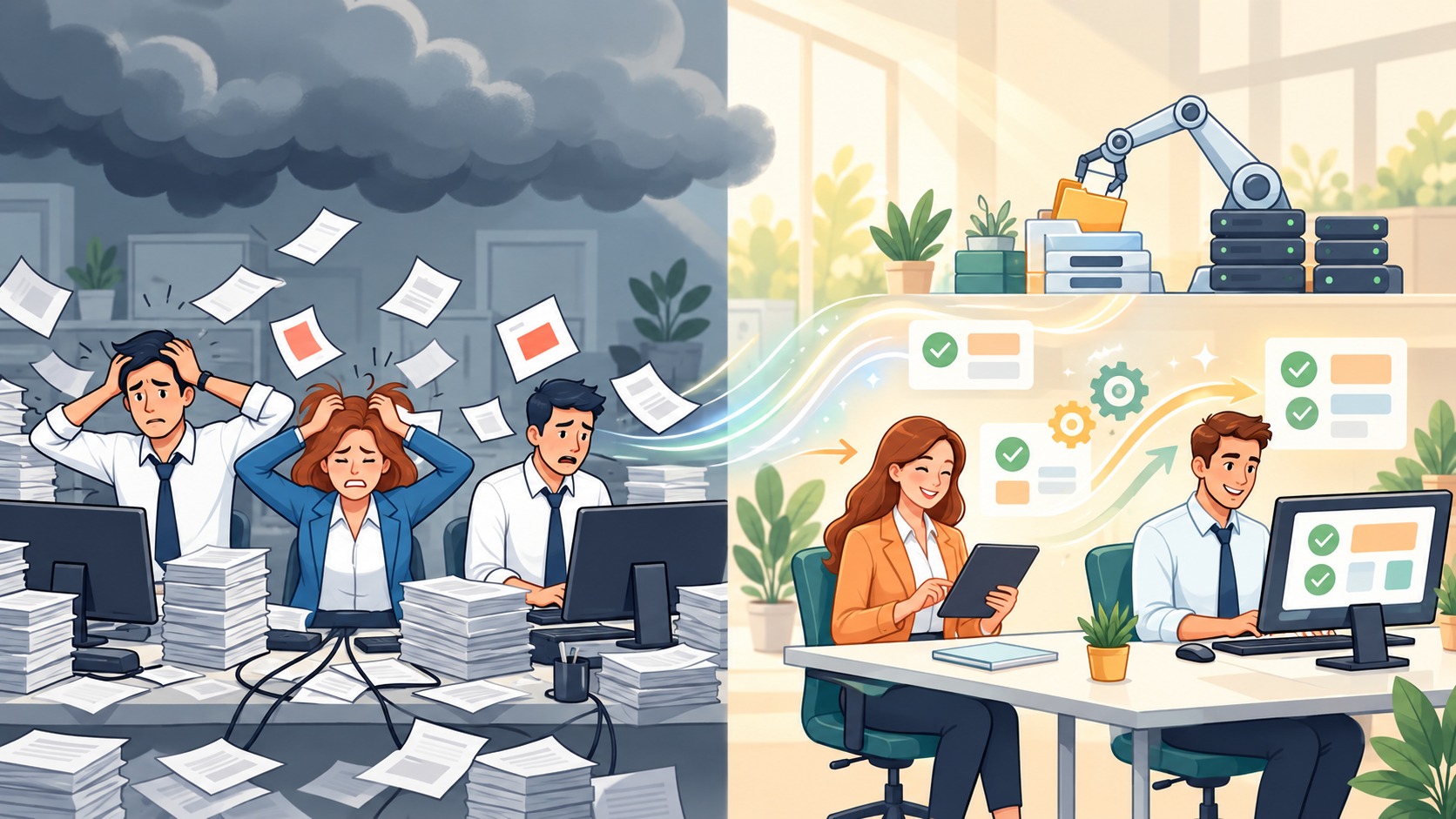 Illustrated office showing an overwhelmed team and a calmer team supported by automation